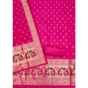 Generic Women's Banarasi Silk Printed Unstitched Salwar Suit Material With Dupatta (Pink, 3Mtrs)