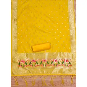 Generic Women's Banarasi Silk Printed Unstitched Salwar Suit Material With Dupatta (Yellow, 3Mtrs)