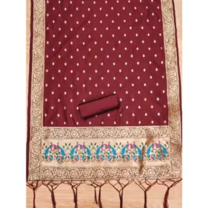 Generic Women's Banarasi Silk Printed Unstitched Salwar Suit Material With Dupatta (Maroon, 3Mtrs)