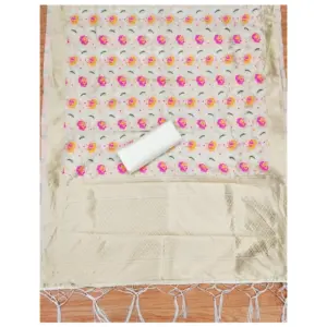Generic Women's Banarasi Silk Printed Unstitched Salwar Suit Material With Dupatta (White, 3Mtrs)