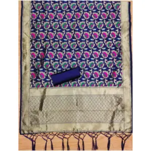 Generic Women's Banarasi Silk Printed Unstitched Salwar Suit Material With Dupatta (Navy Blue, 3Mtrs)