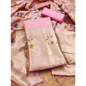 Generic Women's Banarasi Silk Printed Unstitched Salwar Suit Material With Dupatta (Pink, 3Mtrs)