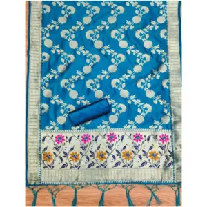 Generic Women's Banarasi Silk Printed Unstitched Salwar Suit Material With Dupatta (Blue, 3Mtrs)