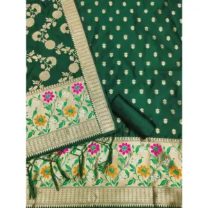 Generic Women's Banarasi Silk Printed Unstitched Salwar Suit Material With Dupatta (Green, 3Mtrs)