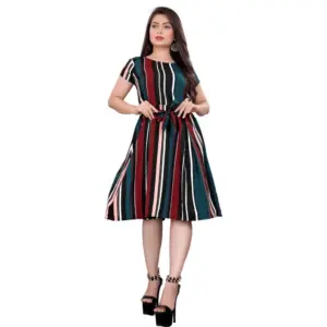 Generic Women's Crep Striped Short Sleeve Dress (Red-Blue )