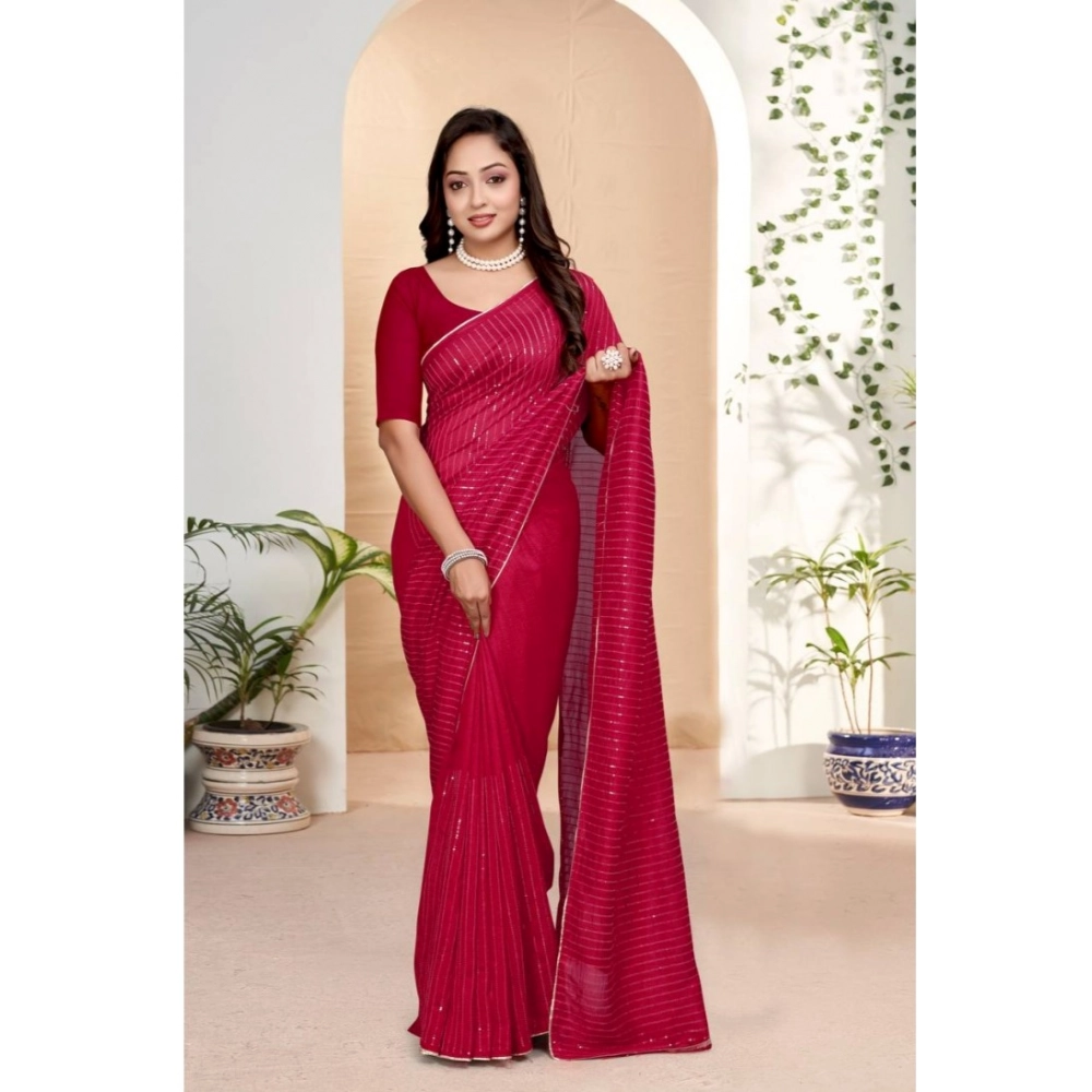 Women's Vichitra Silk Striped Saree with Blouse – Pink