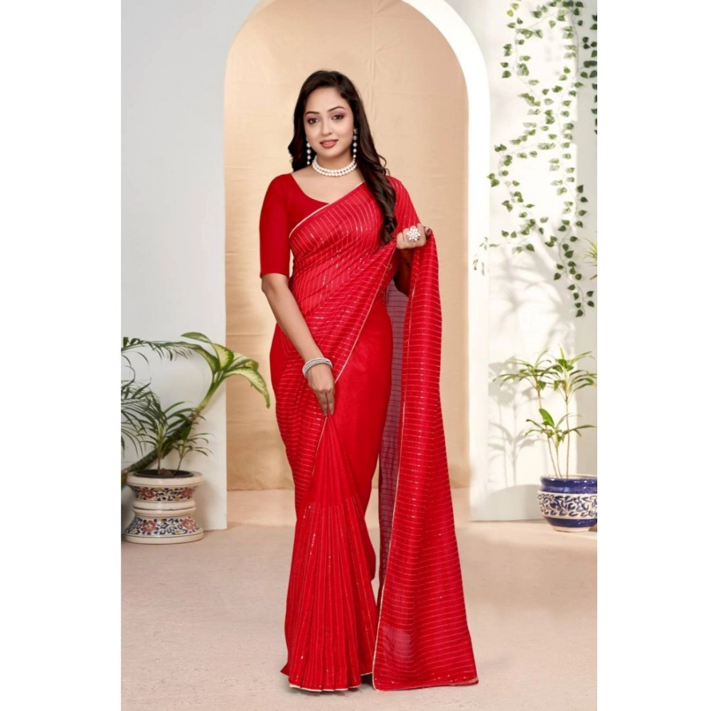 Women's Vichitra Silk Striped Saree with Blouse – Red