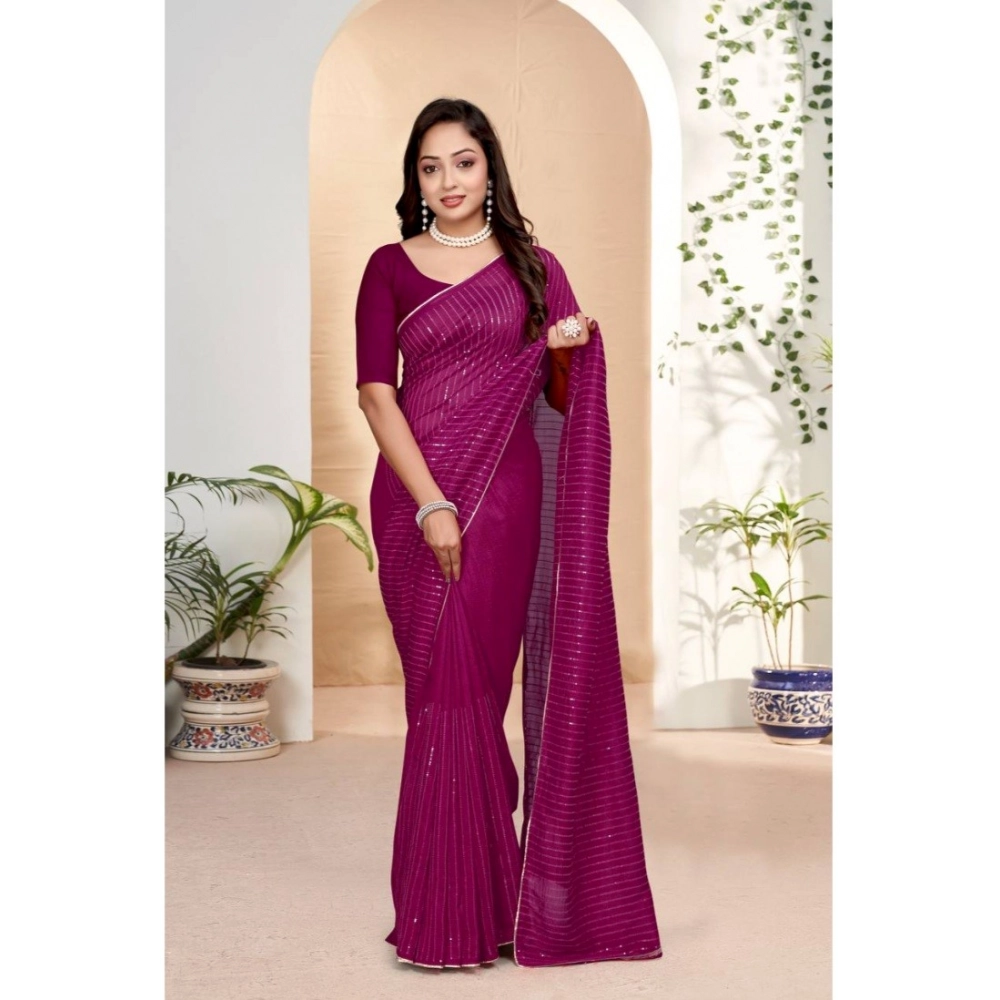 Women's Vichitra Silk Striped Saree with Blouse – Purple