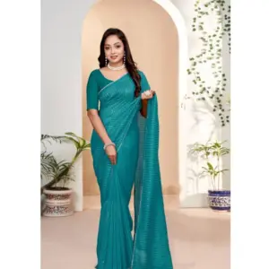 Women's Vichitra Silk Striped Saree with Blouse – Sky Blue