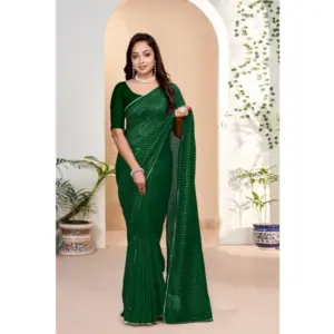 Women's Vichitra Silk Striped Saree with Blouse – Green