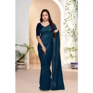Women's Vichitra Silk Striped Saree with Blouse – Blue