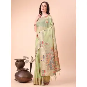 Women's Linen Cotton Printed Saree with Blouse – Light Green