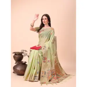 Women's Linen Cotton Printed Saree with Blouse – Light Green