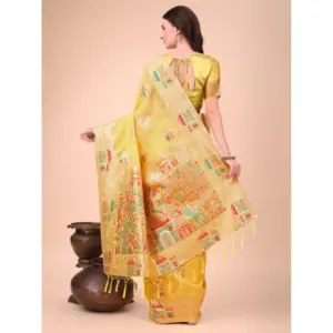 Women's Linen Cotton Printed Saree with Blouse – Yellow