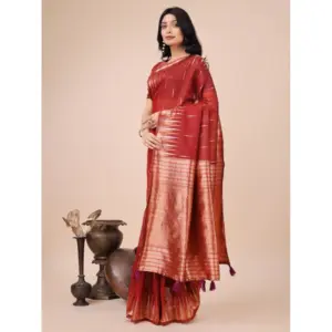 Women's Linen Cotton Printed Saree with Blouse – Red