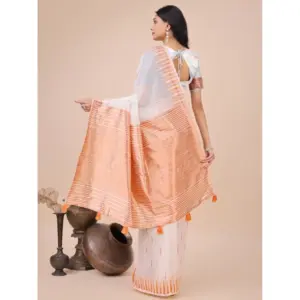 Women's Linen Cotton Printed Saree with Blouse – White