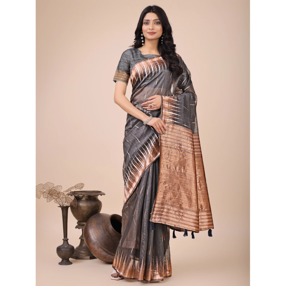 Women's Linen Cotton Printed Saree with Blouse – Grey