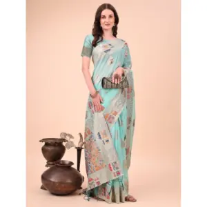 Women's Linen Cotton Printed Saree with Blouse – Sky Blue