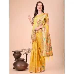 Women's Linen Cotton Printed Saree with Blouse – Yellow