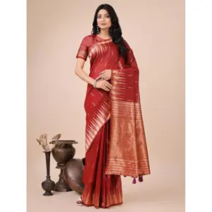 Women's Linen Cotton Printed Saree with Blouse – Red