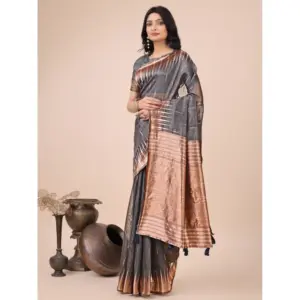 Women's Linen Cotton Printed Saree with Blouse – Grey
