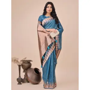Women's Linen Cotton Printed Saree with Blouse – Blue