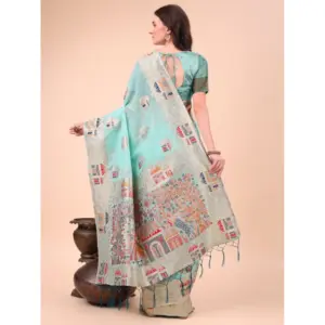 Women's Linen Cotton Printed Saree with Blouse – Sky Blue