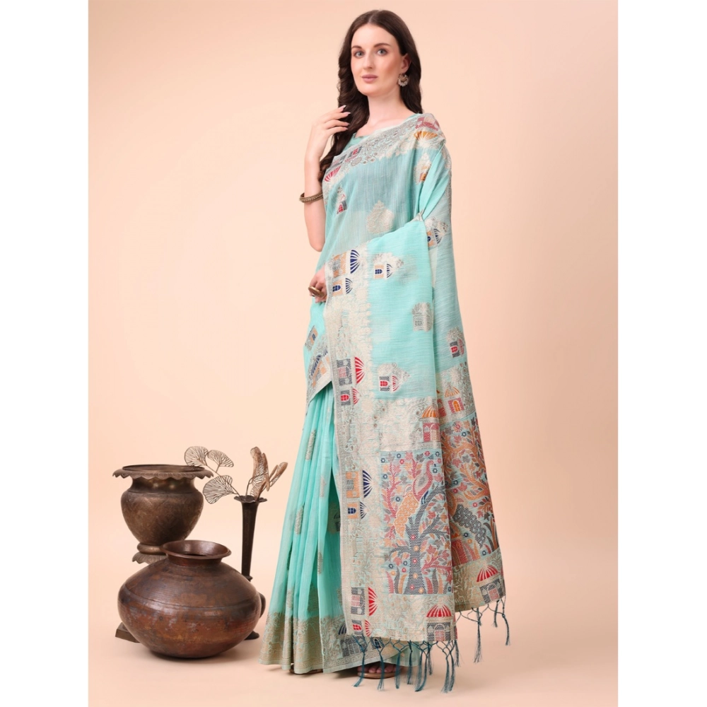 Women's Linen Cotton Printed Saree with Blouse – Sky Blue