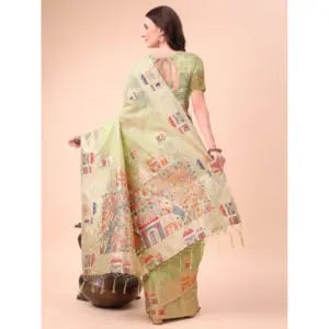 Women's Linen Cotton Printed Saree with Blouse – Light Green