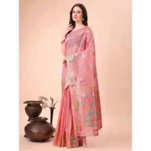 Women's Linen Cotton Printed Saree with Blouse – Pink