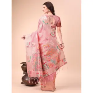 Women's Linen Cotton Printed Saree with Blouse – Pink
