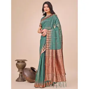 Women's Linen Cotton Printed Saree with Blouse – Green