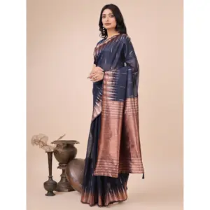 Women's Linen Cotton Printed Saree with Blouse – Navy Blue