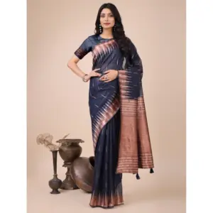Women's Linen Cotton Printed Saree with Blouse – Navy Blue