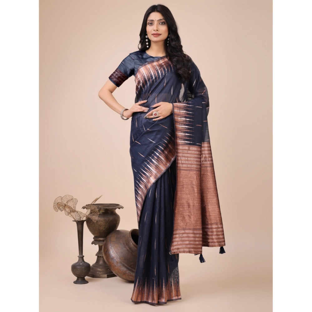 Women's Linen Cotton Printed Saree with Blouse – Navy Blue