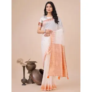Women's Linen Cotton Printed Saree with Blouse – White