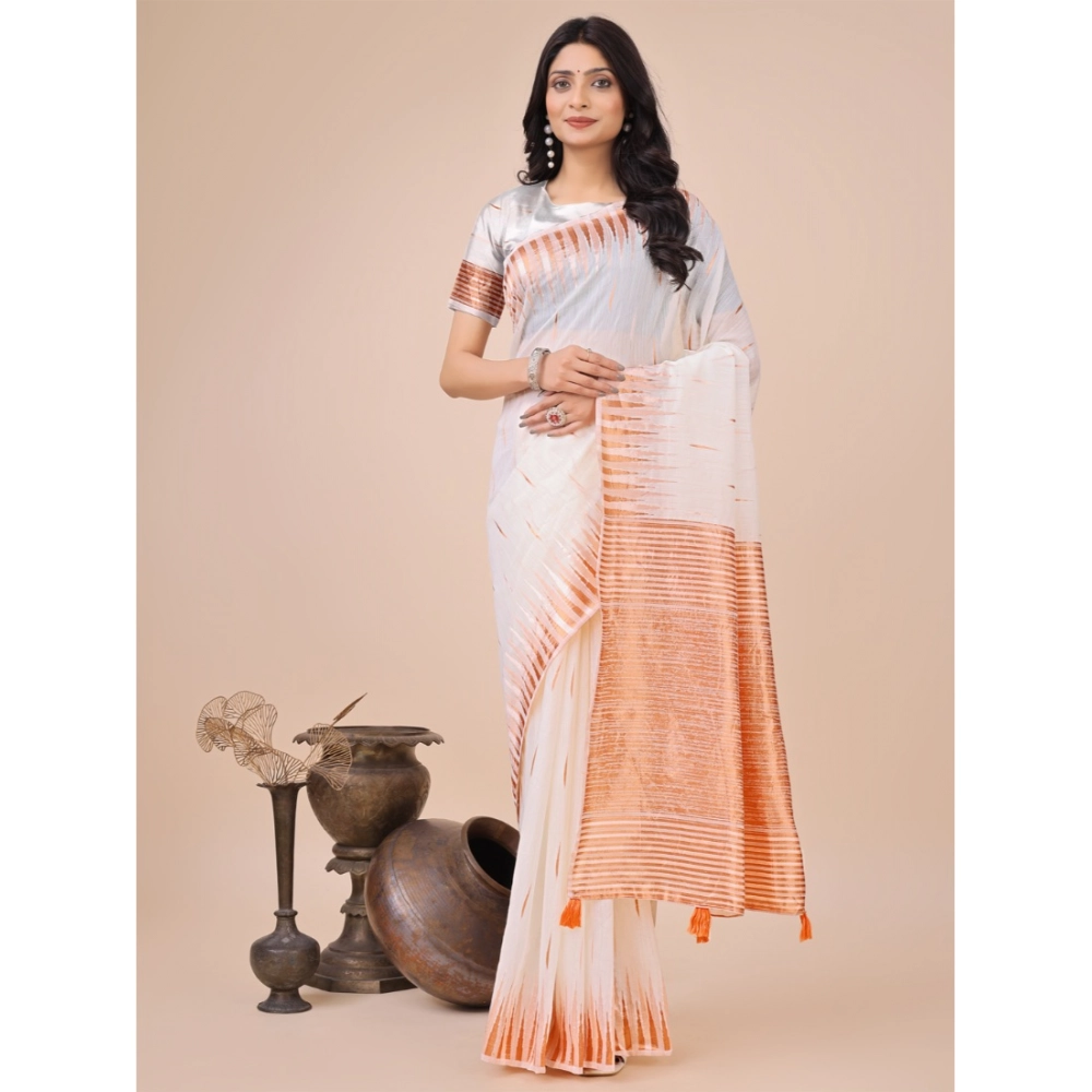 Women's Linen Cotton Printed Saree with Blouse – White