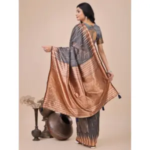 Women's Linen Cotton Printed Saree with Blouse – Grey