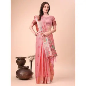 Women's Linen Cotton Printed Saree with Blouse – Pink