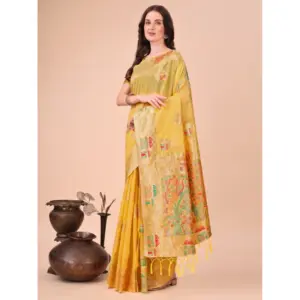 Women's Linen Cotton Printed Saree with Blouse – Yellow