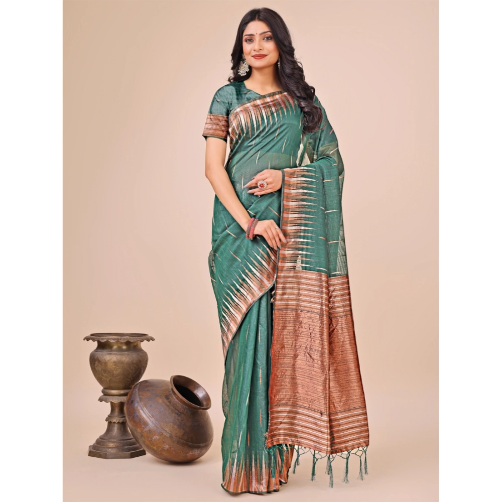 Women's Linen Cotton Printed Saree with Blouse – Green