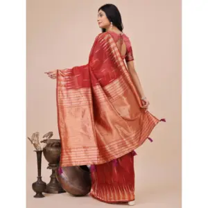 Women's Linen Cotton Printed Saree with Blouse – Red