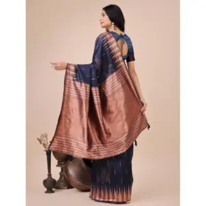 Women's Linen Cotton Printed Saree with Blouse – Navy Blue