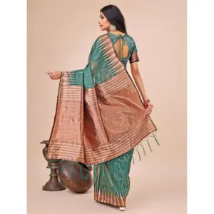 Women's Linen Cotton Printed Saree with Blouse – Green