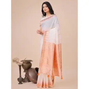 Women's Linen Cotton Printed Saree with Blouse – White