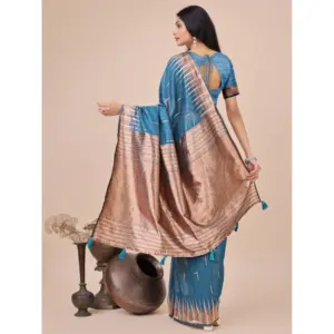 Women's Linen Cotton Printed Saree with Blouse – Blue