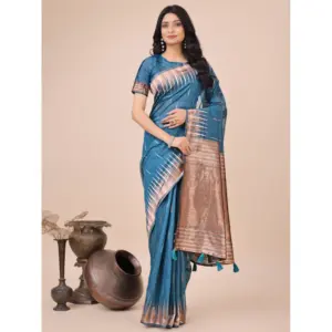 Women's Linen Cotton Printed Saree with Blouse – Blue