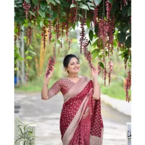 Women's Silk Printed Saree with Blouse – Maroon