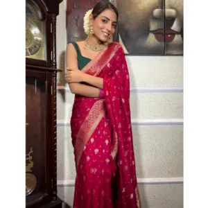 Women's Silk Printed Saree with Blouse – Rani Pink