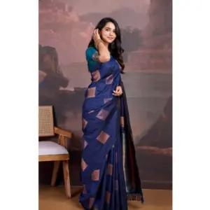 Women's Silk Printed Saree with Blouse – Navy Blue